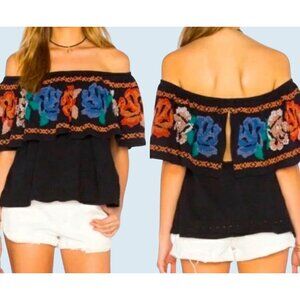 FREE PEOPLE Floral Embroidered Off The Shoulder Boho Top Sz M